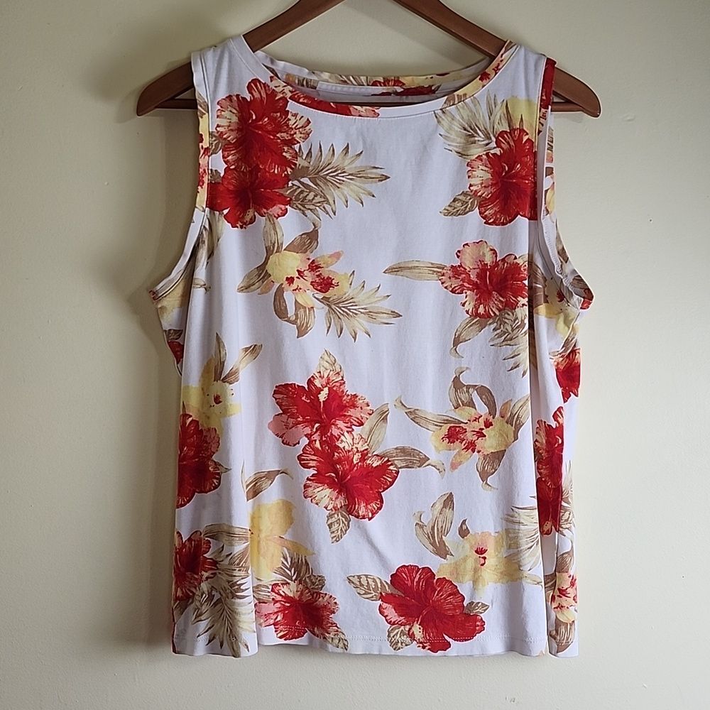Talbots Women's Large Hawaiian Floral Sleeveless Cotton Pullover Shirt, Size XL